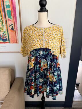 Umgee Floral Babydoll Dress L Mixed Print Boho Cottagecore Pockets